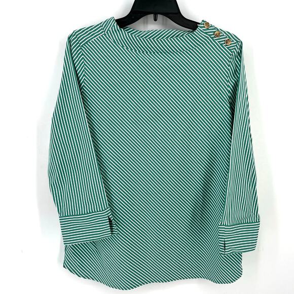 Chicos Mock Neck Poplin Shirt Size 1 8 Medium Green White Stripe Tortoise Button - Picture 1 of 7